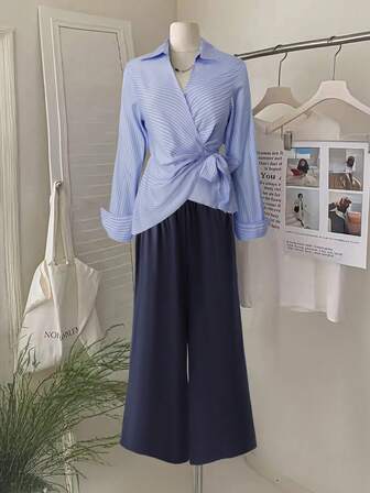 Regalyn 2pcs Plus Size Women Casual Striped Long Sleeve Blouse And Solid Color Long Straight Pants Set