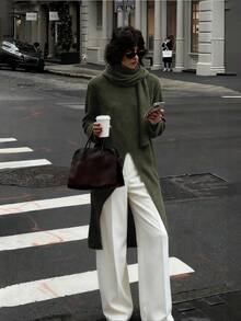 SHEIN Stylify Elegant Solid Color Sweater, Niche Design With Scarf, Mid-Length Solid Color Sweater, Simple Vintage Style, Suitable For Autumn/Winter Christmas Party, Outdoor And Home Wear - Green - View 8