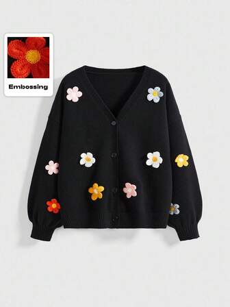Kawaii Cardigan ample à manches lanternes, col en V, décoré de fleurs 3D au crochet, en tricot lâche, pour femmes grandes tailles, noir, style doux et casual, vintage