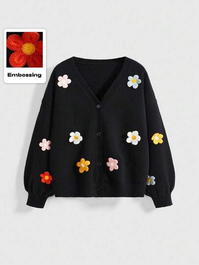 Kawaii Cárdigan holgado de punto floral 3D con cuello en V y mangas farol para mujer talla grande, color negro, estilo dulce y casual, vintage