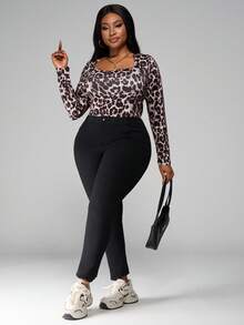 SHEIN PETITE CURVE 大码女式方领豹纹长袖紧身衣 - 棕色 - 查看 6