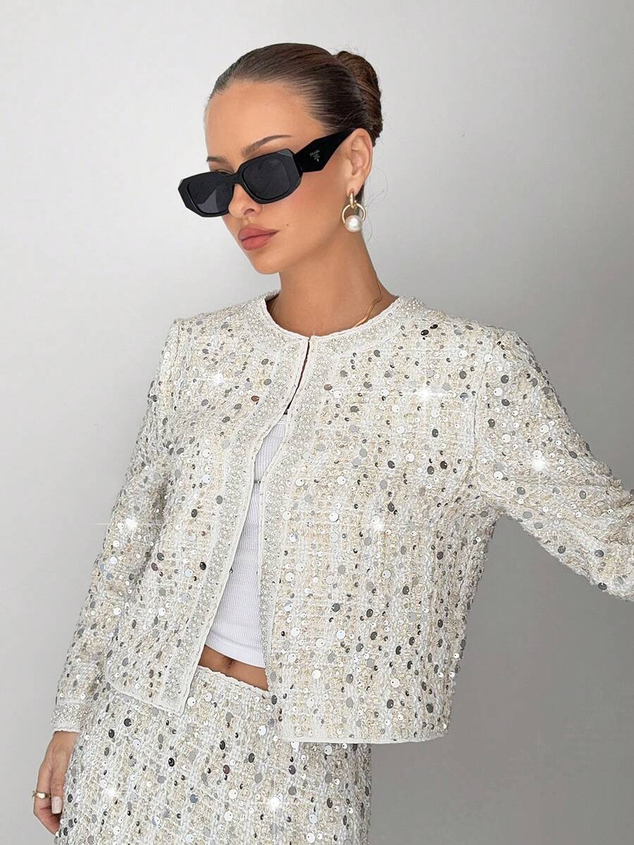Siren Gaze Áo khoác cardigan vải tuýt sequin thời trang và thanh lịch dành cho nữ - Màu be - Xem 1