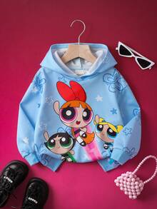 THE POWERPUFF GIRLS X SHEIN Young Girl Cute Blossom, Bubbles, Buttercup Pattern Butterfly Graphic Drop Shoulder Long Sleeve Hooded Knit Casual Sweatshirt, Blue - Blue - View 2