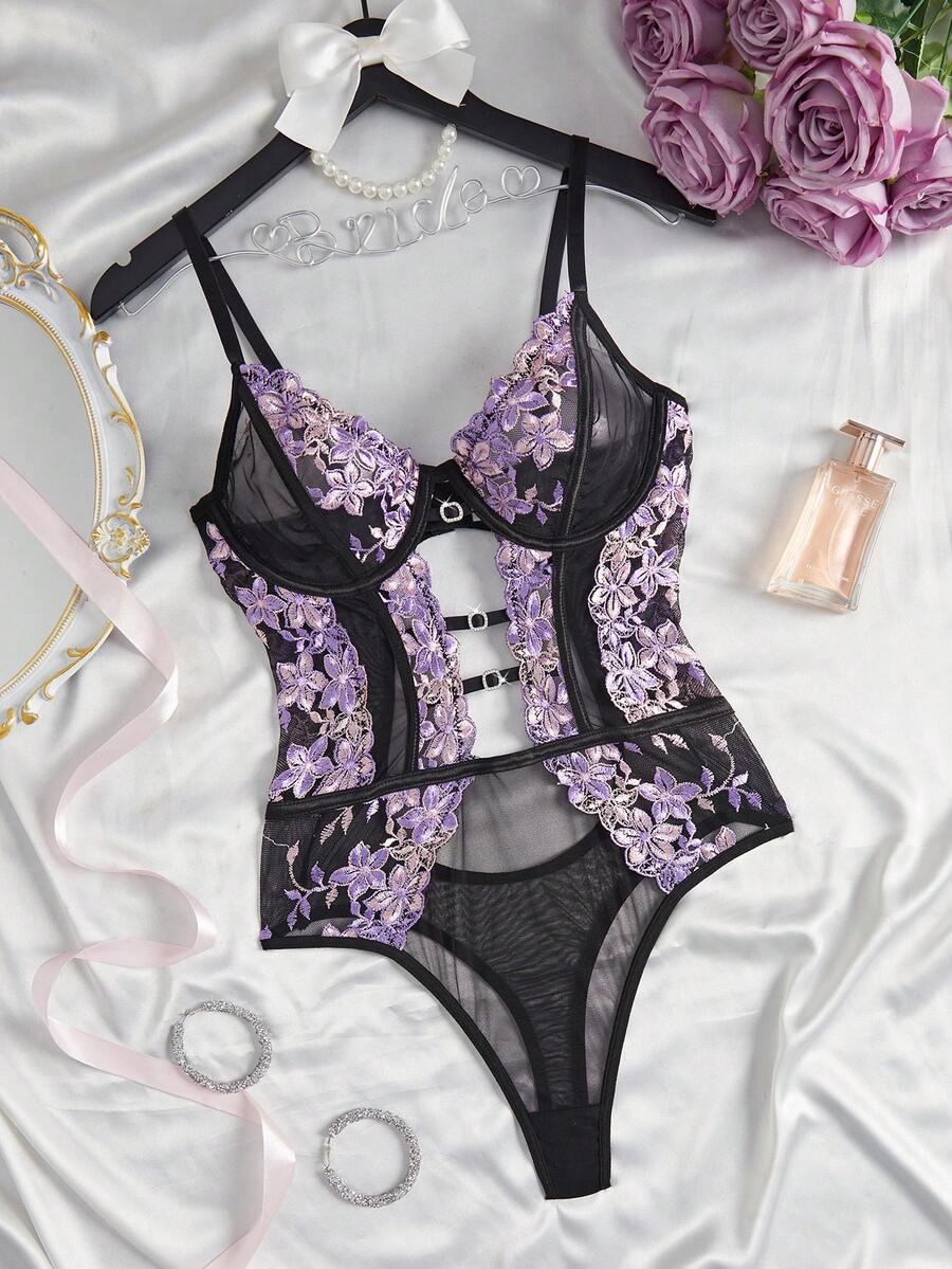 SHEIN 1件装女士性感花卉刺绣网纱连体衣 - 彩色 - 查看 1