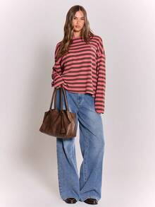 MUSERA 超大款长袖条纹印花标语T恤 Y2K酷女孩街头风日常休闲秋季可爱舒适休闲假日春夏 - 彩色 - 查看 5