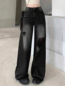 DAZY Women's Button Front Pocket Distressed Wide Leg Jeans, Casual Everyday - Black - View 3