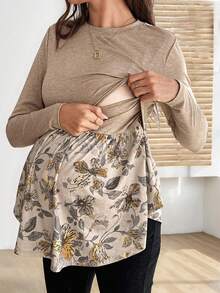 SHEIN 花卉印花圆领休闲长袖哺乳连衣裙 - 黑色 - 查看 2