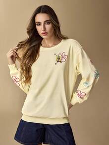 SpongeBob SquarePants | SHEIN Sudadera holgada con gráfico de dibujos animados lindos, adecuada para el uso diario en primavera y otoño - Albaricoque - Ver 4