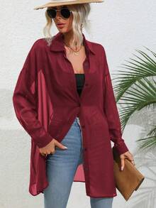 SHEIN LUNE Camisa casual de manga larga con botones delanteros transparentes de unicolor - Burdeos - Ver 3
