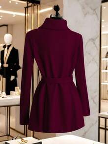 GlowEve 女士翻领系带优雅休闲街头通勤商务浪漫约会派对圣诞节外套，酒红色，秋冬款 - 酒紅色 - 查看 2