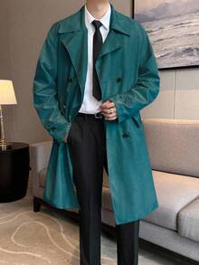 Claim Dot Men's Casual Everyday Double-Breasted Long Sleeve Long Trench Coat, Autumn - Green - View 4