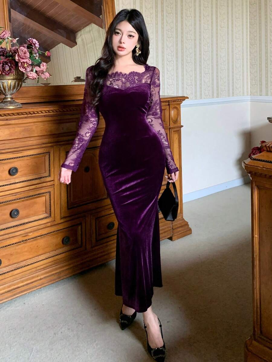 DAZY Women's Autumn Lace Patchwork Fishtail Thermal Lined Mid-Length Dress Prom Dress