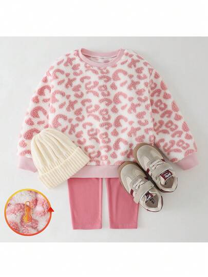 THE HAPPY LOOK 2pcs Young Girl Leopard Print Knit Soft Crew Neck Long Sleeve Pullover Sweatshirt And Solid Color Elastic Waist Pants Set