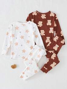 THE HAPPY LOOK 4件套女童卡通动物印花针织柔软圆领长袖上衣和松紧腰长裤贴身睡衣套装 - 彩色 - 查看 2