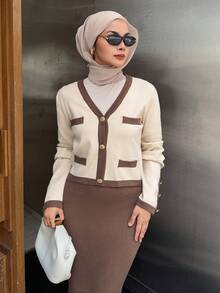 DAZY Women's Elegant Contrast Color Cardigan & Skirt 2 Pieces Set, Autumn Modest Fashion Long Sleeve Tops - Khaki - View 6