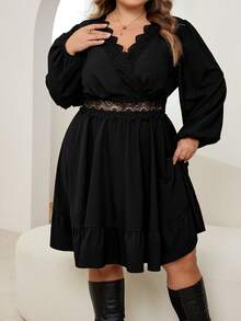 SHEIN CURVE+ Váy ren vá màu trơn thanh lịch cỡ lớn - màu đen - Xem 6