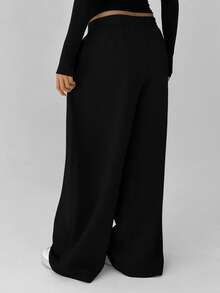 FavEase 女士抓绒弹力腰纯色褶皱休闲运动裤 - 黑色 - 查看 2