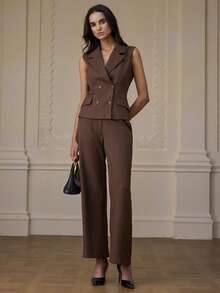 Aveloria Modichic 2pcs Set Women's Fashionable Collar Sleeveless High Waist Straight Leg Pants - Brown - View 5