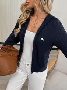 Easowa كنزة نسائية محبوكة بلون أزرق داكن للخروج، كنزة نسائية كاجوال مطرزة مزودة بسحاب، كنزة محبوكة بأكمام طويلة مع نقشة فارس وخطوط، ملابس كاجوال للخريف/الشتاء، كنزة بطراز بسيط، ملابس عمل للنساء في الخريف/الشتاء، كنزة نسائية زرقاء داكنة خفيفة - أزرق بحري - مشاهدة 5