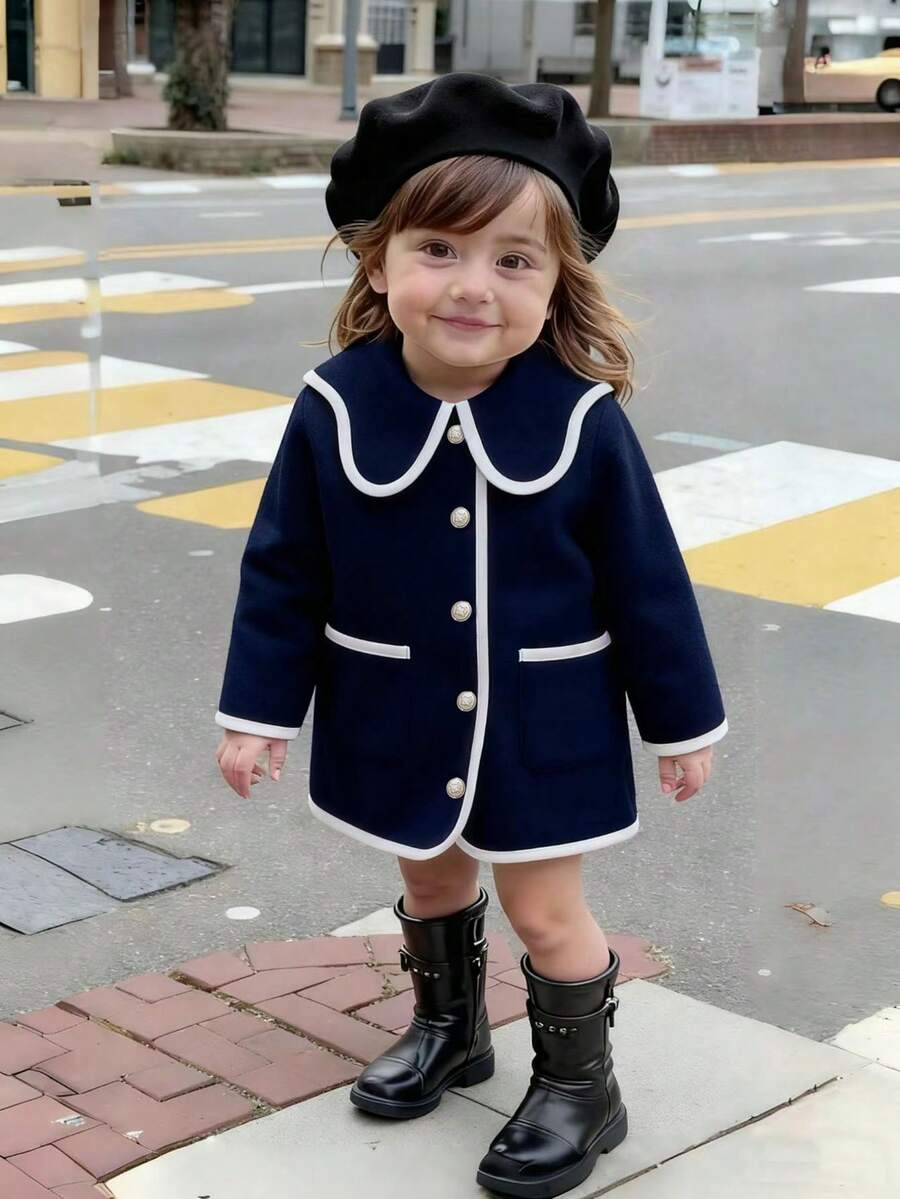 Souflis Souflis 女宝宝休闲时尚百搭复古优雅撞色外套夹克适合秋冬日常穿着 - 寶藍色 - 查看 1