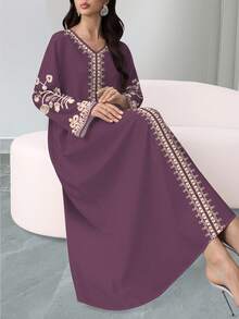 SHEIN Najma 女士紫色印花V领长袖优雅阿拉伯风格长款连衣裙，春秋季 - 彩色 - 查看 3