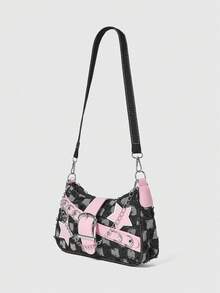 DareSee Y2K 时尚多功能星月装饰独特粉色链条单肩包，女士法棍包，小众时尚设计，蒸汽朋克，哥特风，女士包包，酷女孩街头风，音乐节，派对，摇滚风女士包包，适合女孩街头风格，明星同款印花女士单肩包，完美搭配派对服装，Y2K 音乐节礼物 - 黑色 - 查看 3