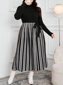 Modelyn 大码女式休闲通勤日常百搭撞色条纹高领系带毛衣连衣裙，秋冬款 - 黑色 - 查看 3