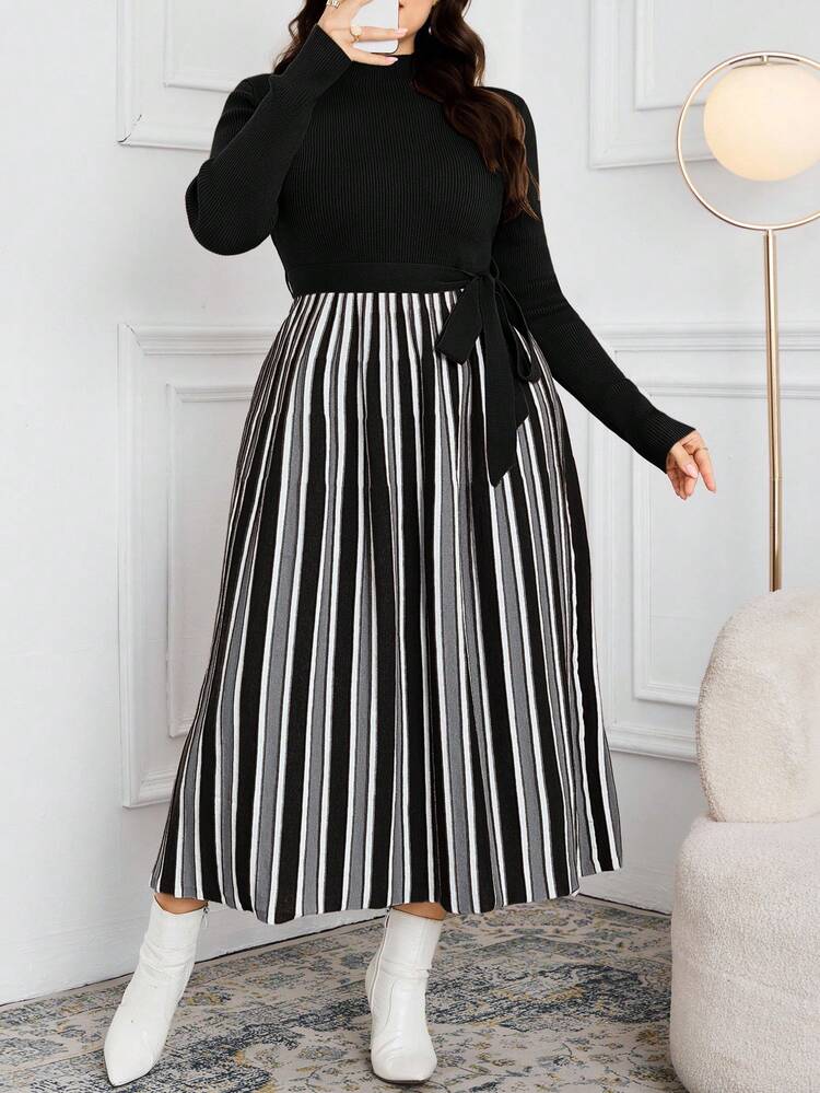 Modelyn Plus Size Women's Casual Commute Daily Versatile Colorblock Striped Pattern Turtleneck Belted Sweater Dress, Autumn/Winter - Black - View 3