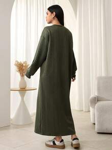 Modelyn Casual Drawstring Decor Loose Fit Round Neck Long Sweatshirt For Women, Green, Textured Fabric, Autumn/Winter - Green - View 2