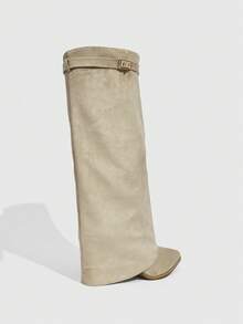 Daringsoles 女式尖头粗跟绒面西部流苏靴，修身高筒靴 - 米色 - 查看 9