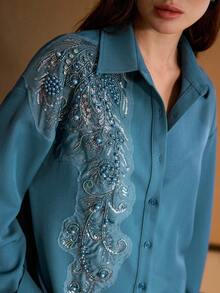 MOTF PREMIUM Bộ 2 áo blouse và quần đính hoa thanh lịch dành cho nữ - Màu xanh lam - Xem 2