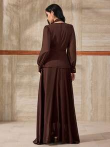 Modelyn 优雅法式V领喇叭下摆连衣裙 - 棕色 - 查看 2