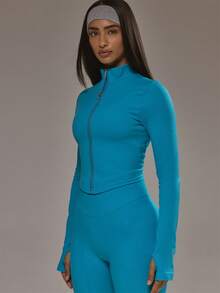 Musera Sport Dipped Hem Zip Through Seamless BBL Jacket Co-Ord Top Only Padel Activewear Sport Gym Workout Alloy Yoga Pilates Fitness Daily Casual - Teal Blue - View 3