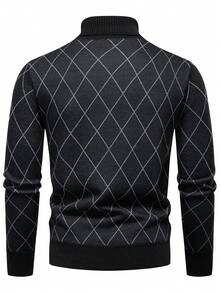 Manfinity Mode Áo len cổ cao nam mùa thu/đông, họa tiết hình thoi, lót giữ nhiệt, cổ cao in hình học, tay dài. - màu đen - Xem 2