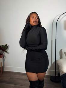 Tyla Gomez Solid Mock Neck Bodycon Dress With Gloves - Black - View 5