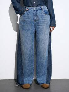 Maija 加大码蓝色牛仔裤高腰直筒裤舒适松紧腰带配色设计秋冬休闲装 - 中等水洗藍 - 查看 3