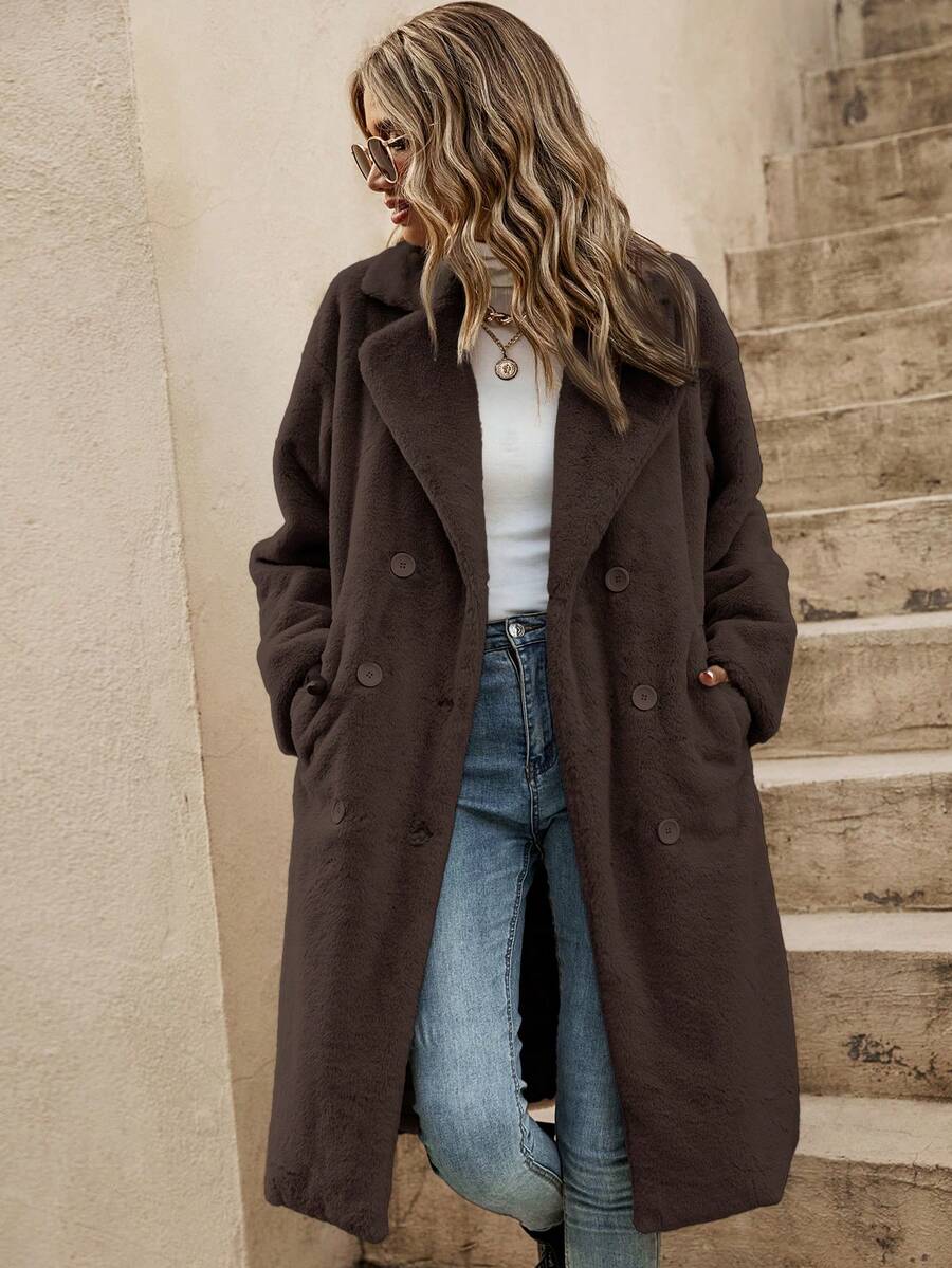 SHEIN Frenchy Drop Shoulder Double Breasted Teddy Coat In Fall/Winter Brown Casual - Brown - View 1