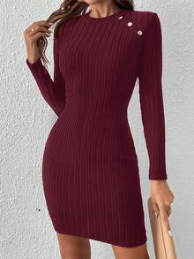 SHEIN Frenchy 纯色圆领罗纹修身休闲长袖连衣裙 - 酒紅色 - 查看 6