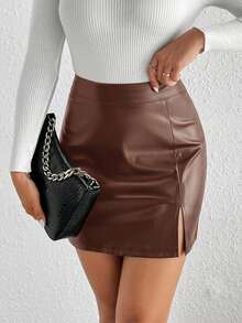 SHEIN Frenchy Women's Solid Color Split Hem PU Bodycon Mini Skirt Spring Casual Brown - Coffee Brown - View 6