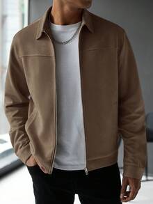 Manfinity Homme 男士纯色插肩袖拉链休闲简约设计夹克 - 咖啡棕 - 查看 4