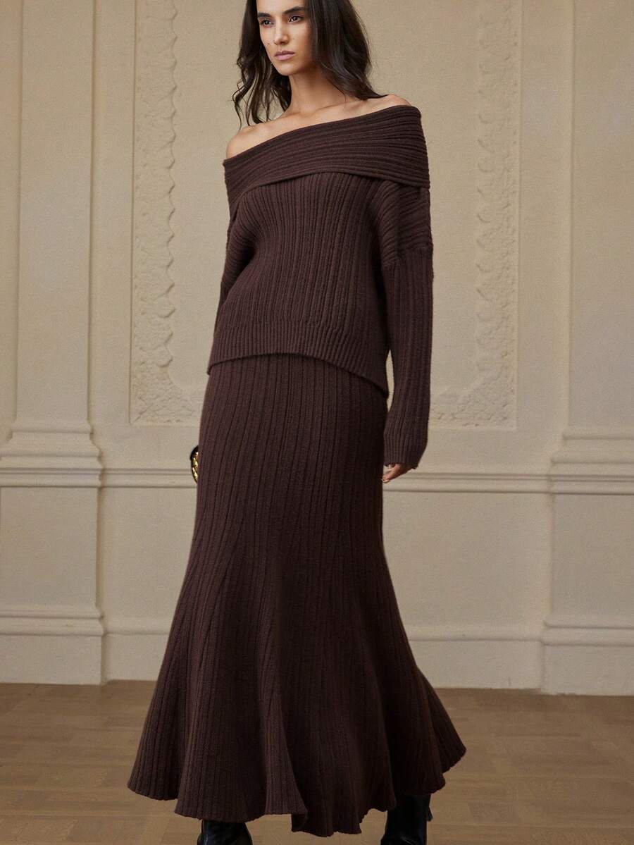Zanirela Vintage Aesthetic Off Shoulder Textured Loose Knit Sweater Paired With Pleated Flared Maxi Skirt 2-Piece Set - Coffee Brown - View 1
