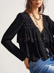 Bohemela 波西米亚风圣诞新年休闲纯色梭织长袖宽松女式衬衫，冬季款 - 黑色 - 查看 4