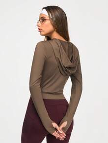 Eassivo Eassivo Áo khoác thể thao dài tay trơn có mũ trùm đầu dành cho nữ - Màu nâu Sô-cô-la - Xem 2