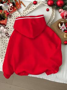 SHEIN Leap Crew 少女圣诞快乐可爱趣味卡通手绘英文字母圣诞树图案印花卫衣，红色，喜庆，亲子装，休闲宽松舒适长袖卫衣，适合秋冬季圣诞节穿着，时尚秋季新款 - 彩色 - 查看 2