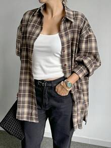 DAZY Women's Plaid Loose Turndown Collar Long Sleeve Shirt, Coffee Brown, Spring/Summer/Autumn