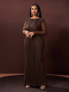 Veslaya 秋冬新品，优雅百搭，适合派对、约会、晚宴、毕业典礼、生日、婚礼等场合，宽松纯绿色网纱拼接长袖A字褶皱长裙，大码 - 圣诞连衣裙 - 棕色 - 查看 4