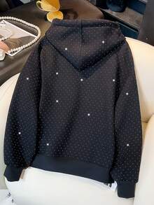 Resyla Sparkly Rhinestone Embellished Women's Regular Hooded Long Sleeve Sweatshirt, Great Gift For Friends, Autumn/Winter - Black - View 2