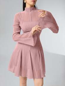 Heiryn Women's Solid Color Stand Collar Raglan Flare Sleeve Ruched Waist Elegant Mini Dress - Pink - View 3