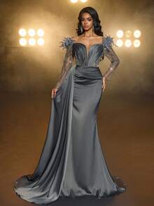 Glamrae Váy maxi đuôi cá dài tay bằng vải satin co giãn, đính cườm và sequin sang trọng, xẻ tà bên hông, thích hợp cho đám cưới, tiệc tùng, vũ hội, kỳ nghỉ, những dịp trang trọng (được tô điểm nhiều) - xanh quân đội - Xem 2