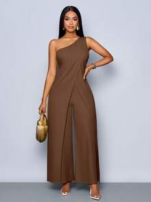 SOLERSUN Mono de pierna ancha con abertura, sin mangas y de un solo hombro, de moda para mujer en primavera y verano - Café integral - Ver 4